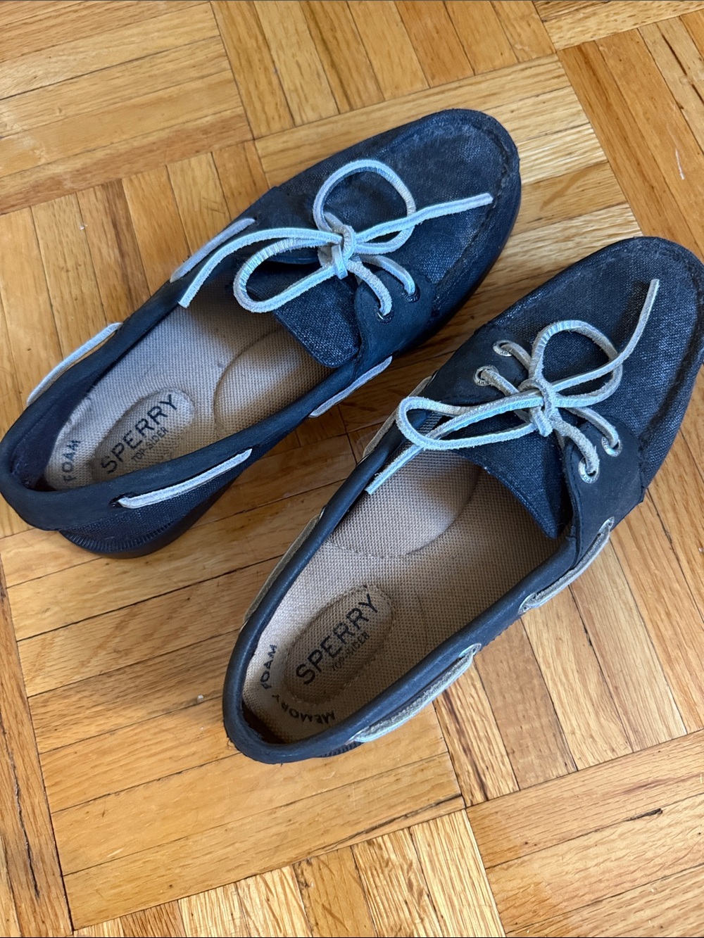 Sperry Navy Suede Boat Shoes with Light Gray Laces
